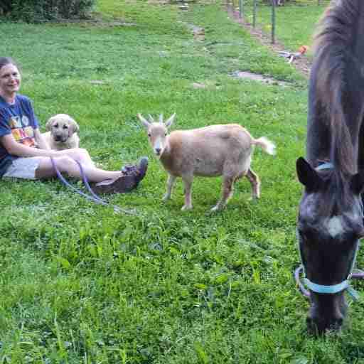 woman sitting with, anatolian shepherd dog, nigerian dwarf goat, horse