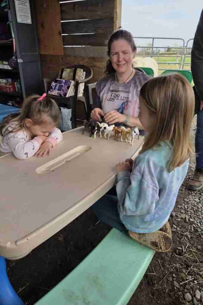 White woman with dark brown hair in a ponytail facing camera smiling and squinting looking at one of the two little girls sitting at a brown plastic kids table. There are 7 plastic Schleich horses on the table. A bay; a black; a pinto; a white; a chestnut; a palomino; and an appaloosa. One little girl has light brown hair in a ponytail with a pink bow; wearing a white longsleeve shirt with light pink cuffs. Other little girl with light brown shoulder length hair and a light blue sweatshirt and jeans; kneeling on the green plastic bench attached to the table. Behind them you can see the back of the cream pony; a brown chair with books; and some blue cattle fence with a green field behind it.