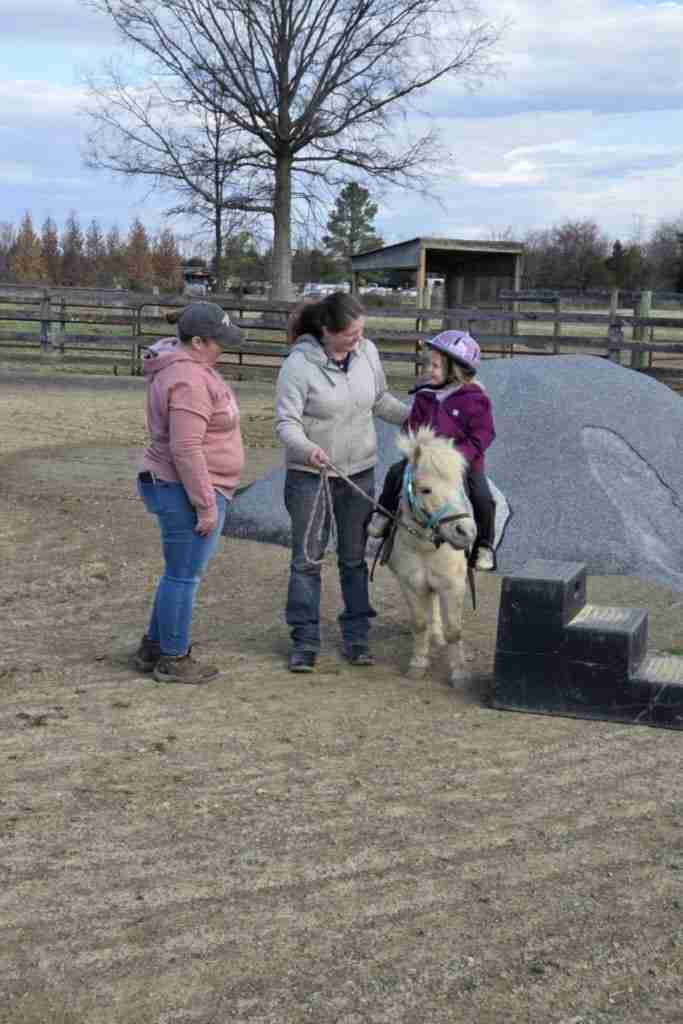 White woman with dark brown hair in ponytail wearing grey hooded sweat jacket and blue jeans; and dark blue boots holding a lead rope to a pony during pony lessons with a child riding on a cream pony wearing a blue bitless bridle and brown leather halter. Child is wearing a purple helmet; dark pants; dark purple coat and white boots; sitting on black English saddle with blue and purple saddle pad. Standing in dirt arena with a large pile of bluestone behind them surrounded by 3 board wood fences. There is another woman in blue jeans; pink hoodie; grey baseball cap; and brown shoes standing there also. There is a three step black mounting block on the other side of the pony opposite the two women.