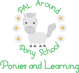 PAL Around Pony School written in green with 6 daisies around a grey pony with Ponies and Learning written in green under everything.