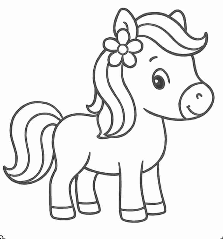 Zony the Pony black and white outline. Side profile of a pony with a flower behind her ear.