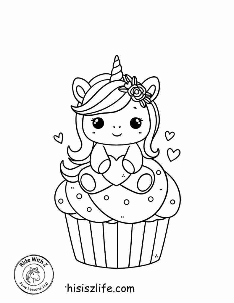 Unicorn pony on a valentines day cupcake pony coloring sheet