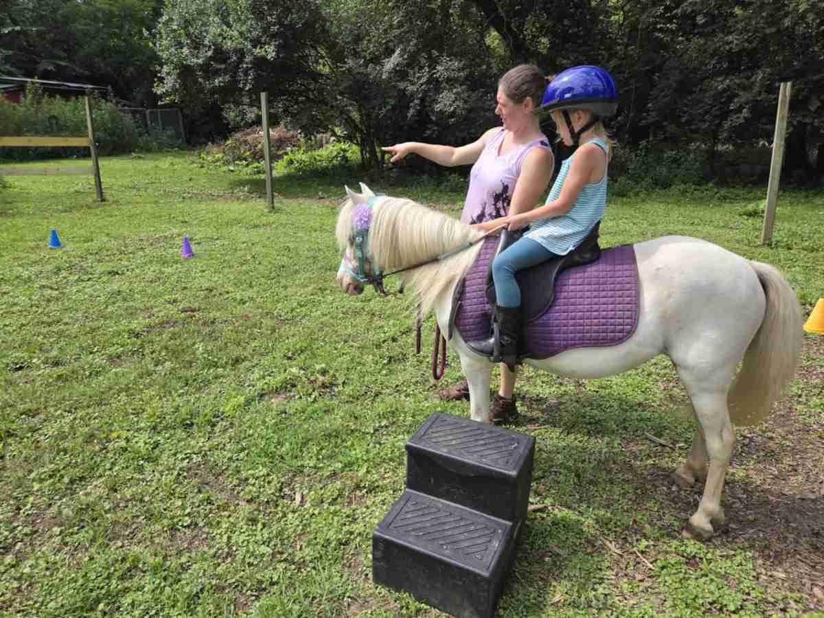 White woman dark brown hair in a bun (Zuri). Wearing black shorts; brown leather Ariat boots; sleeveless shirt light purple with abstract black mottling. Pointing to show student where to ride. Standing next to a white pony wearing a blue bitless bridle and reins; purple LeMieux saddle pad; black Wintec saddle. 4-year-old child riding in leggings, and boots which are good beginner horseback riding clothes for kids. On short green grass with a 2 step black mounting block on the ground.