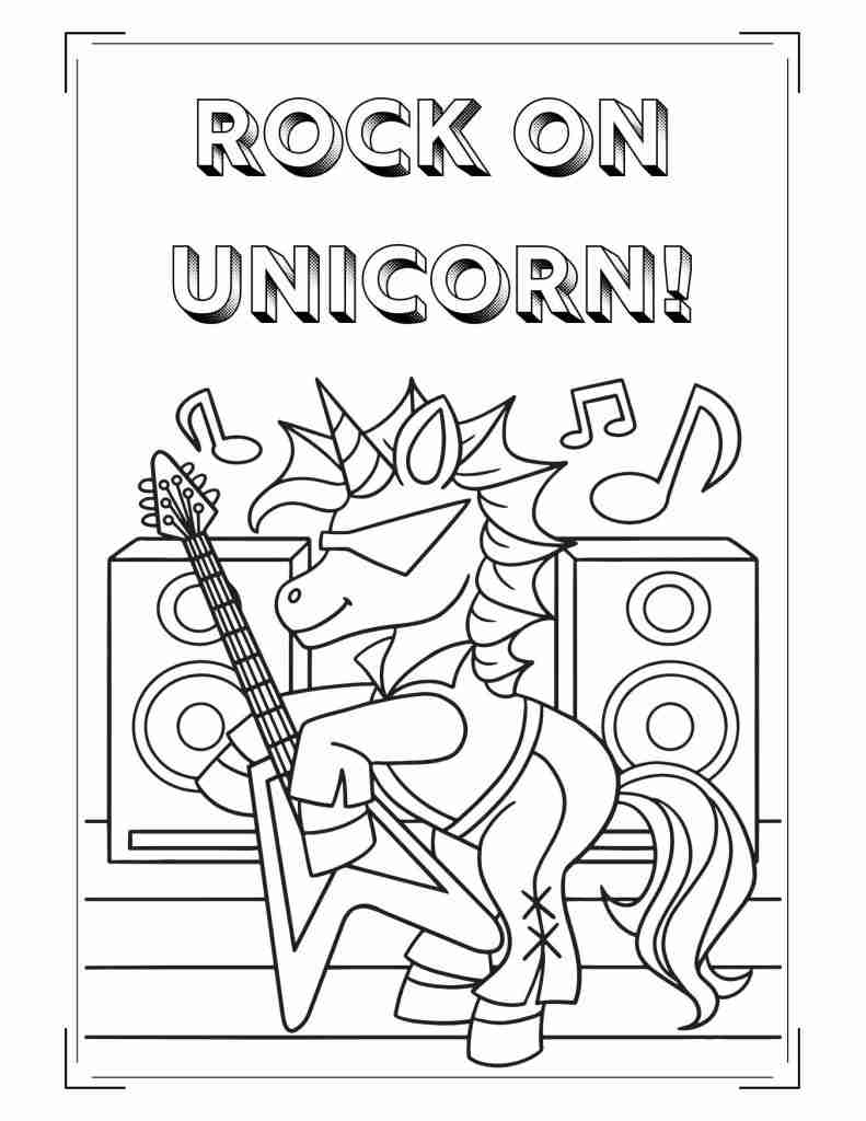 Rock on Unicorn written above and Unicorn with spiked mane; rockstar sunglasses playing an electric guitar in front of speakers. Unicorn Coloring Sheet