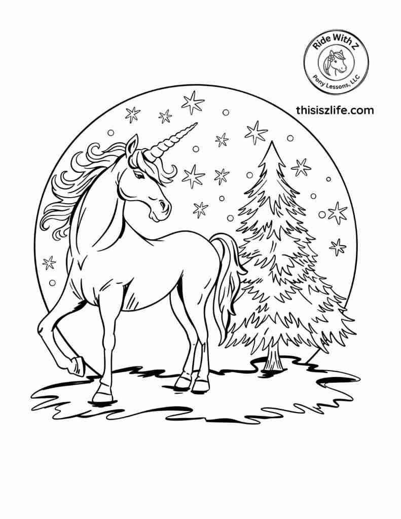 Unicorn in snow globe with pine tree in background.